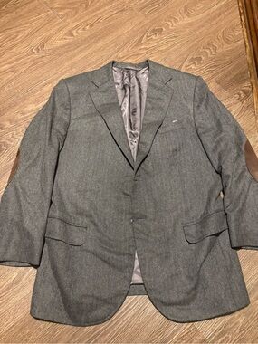 Loro Piana Gray Herringbone Sport Coat with Brown Elbow Patches